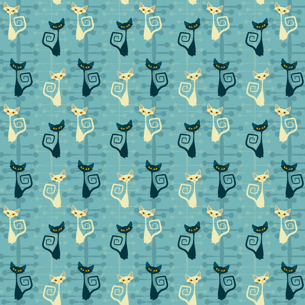 atomic cats, mid-century modern, stylized cats, turquoise blue, cream cats, black cats, yellow eyes, spiral tails, retro pattern, geometric design,, fabric panel, modern art style, sleek silhouettes, alternating colors, minimalist cats, atomic age, contemporary quilting, crafting fabric, repeated motif