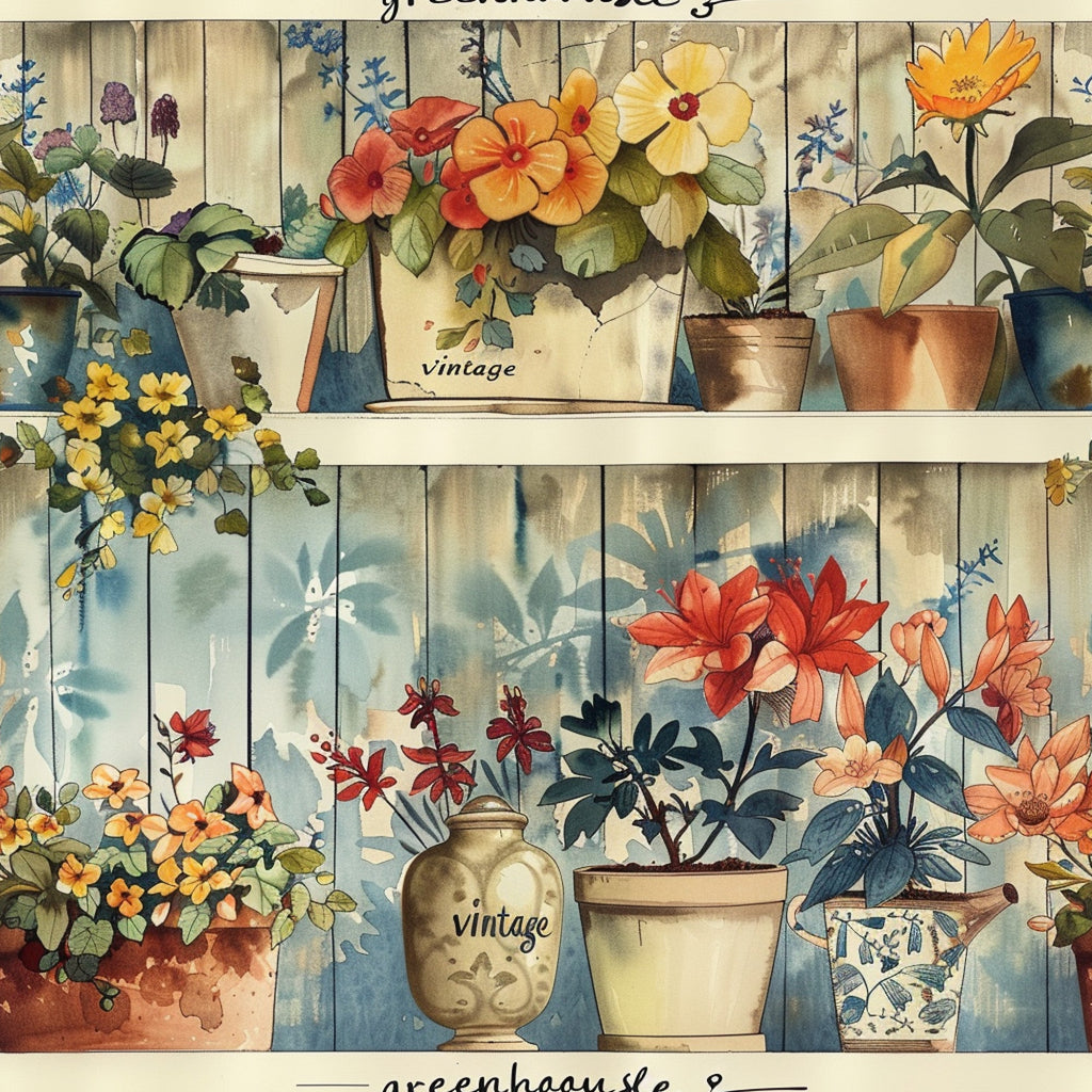 vintage floral, potted plants, botanical illustration, watercolor style, orange flowers, yellow blooms, red petals, cream background, wooden planks, terracotta pots, ceramic vases, greenhouse shelves, cottage garden, rustic charm,, fabric panel, soft pastels, country living, plant motifs, gardening theme