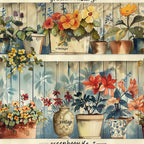 vintage floral, potted plants, botanical illustration, watercolor style, orange flowers, yellow blooms, red petals, cream background, wooden planks, terracotta pots, ceramic vases, greenhouse shelves, cottage garden, rustic charm,, fabric panel, soft pastels, country living, plant motifs, gardening theme