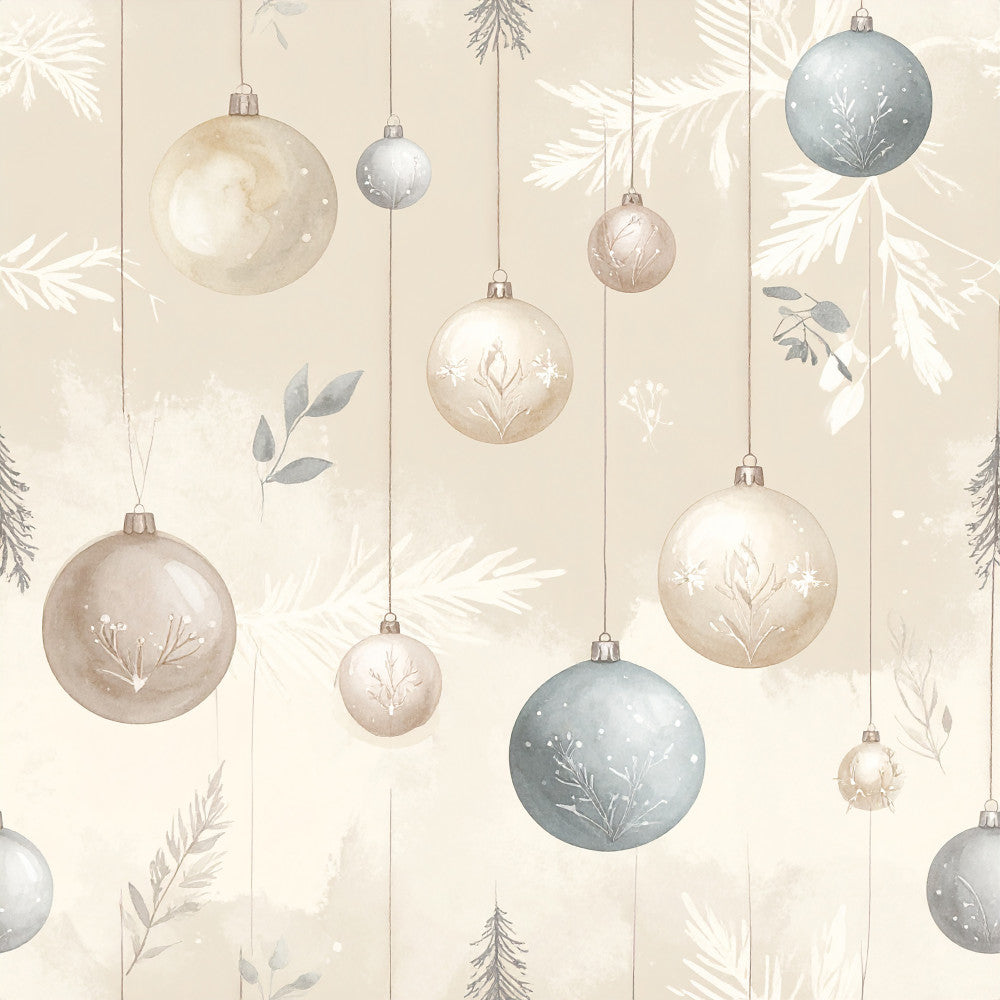 cream, beige, taupe, sage green, dusty blue, soft gray, winter ornaments, christmas, holiday, botanical, floral, elegant, traditional, whimsical, rustic, minimalist, nature-inspired, evergreen branches, delicate leaves, hanging baubles, festive, neutral palette, sophisticated, gentle, calming, winter botanical, seasonal decor, christmas decorations, shimmering details, refined style