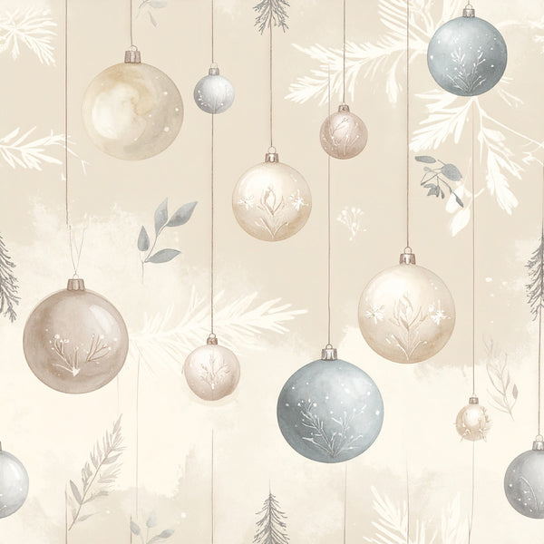 cream, beige, taupe, sage green, dusty blue, soft gray, winter ornaments, christmas, holiday, botanical, floral, elegant, traditional, whimsical, rustic, minimalist, nature-inspired, evergreen branches, delicate leaves, hanging baubles, festive, neutral palette, sophisticated, gentle, calming, winter botanical, seasonal decor, christmas decorations, shimmering details, refined style