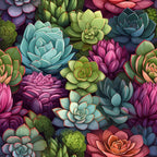 succulents, botanical pattern,, fabric panel, turquoise, sage green, magenta, coral pink, purple, teal blue, lime green, rosette shapes, echeveria, sempervivum, clustered arrangement, vibrant colors, nature motif, garden theme, seamless pattern, crafting fabric