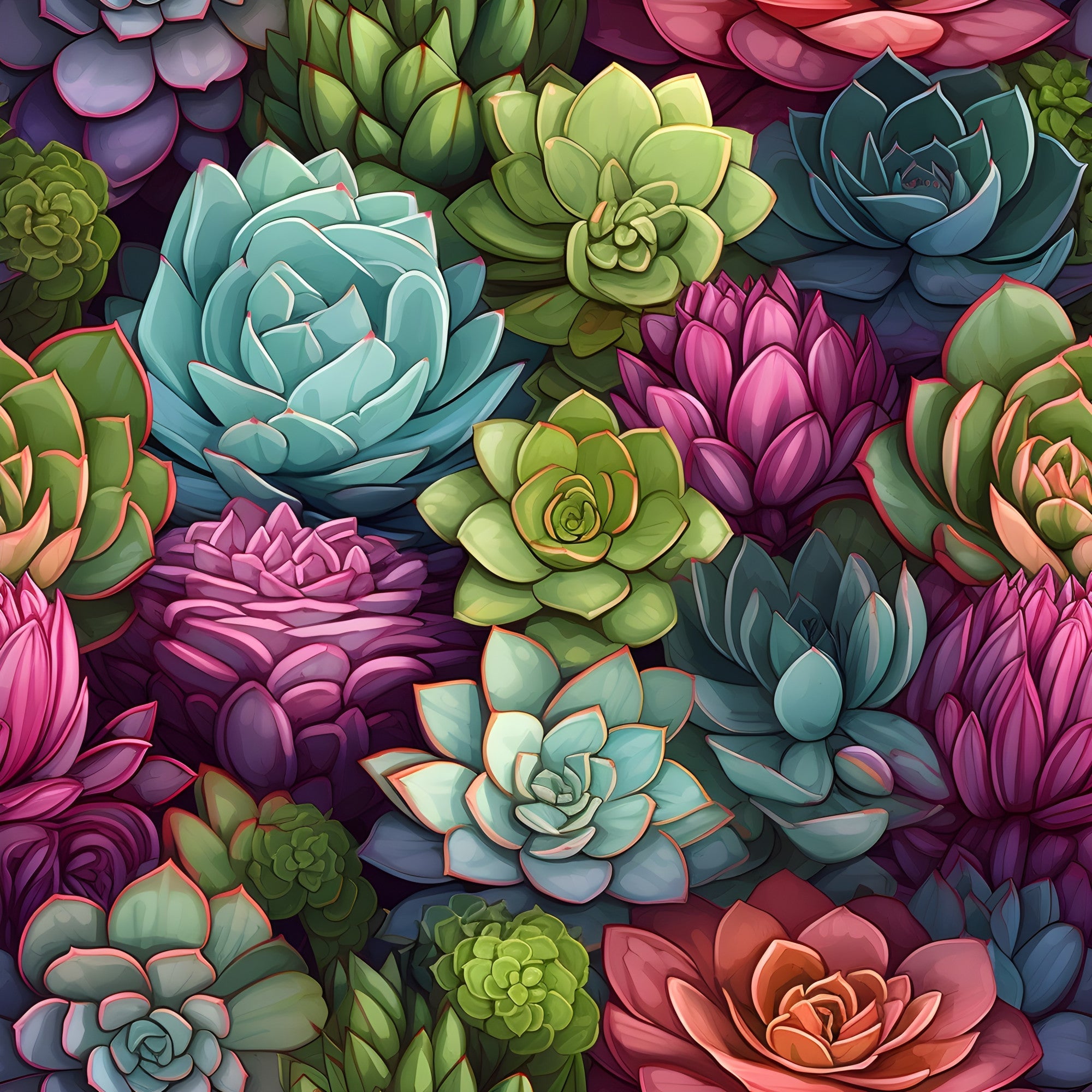 succulents, botanical pattern,, fabric panel, turquoise, sage green, magenta, coral pink, purple, teal blue, lime green, rosette shapes, echeveria, sempervivum, clustered arrangement, vibrant colors, nature motif, garden theme, seamless pattern, crafting fabric