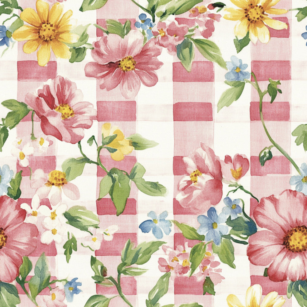 rose pink, cream, yellow, white, blue, gingham, checkered, floral, gerbera daisies, cosmos, wildflowers, daisies, botanical, garden, nature, vintage, cottage core, spring, summer, romantic, whimsical, traditional, pastoral, country, farmhouse, feminine, elegant, cheerful, meadow, blooming flowers