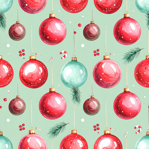 red ornaments, mint green, coral pink, christmas, holiday, festive, baubles, decorative balls, watercolor, whimsical, pine branches, evergreen, candy canes, berries, gold accents, sparkly, shimmer, traditional christmas, vintage holiday, elegant, cheerful, winter, seasonal, gift wrap inspired, children's holiday, nursery, playroom, modern christmas, festive decor