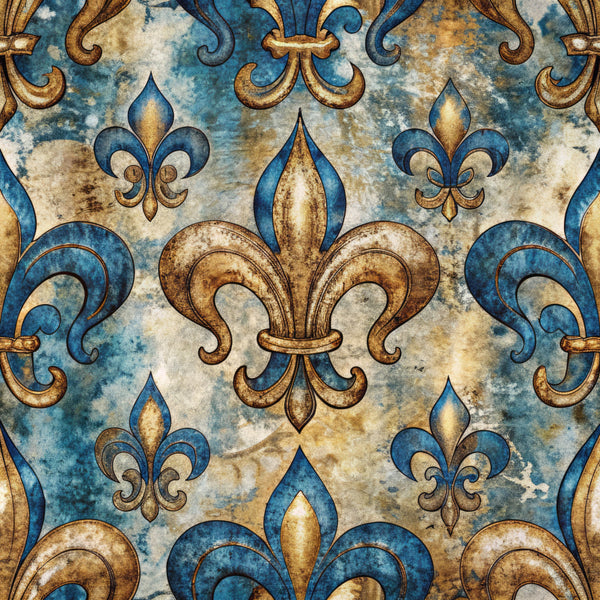 teal blue, gold, cream, antique, fleur de lis, ornamental, damask, baroque, royal, elegant, vintage, traditional, french, classical, distressed, weathered, timeless, luxury, decorative, heraldic, symmetrical, regal, ornate, sophisticated, heritage, formal, classical french, old world, patina effect
