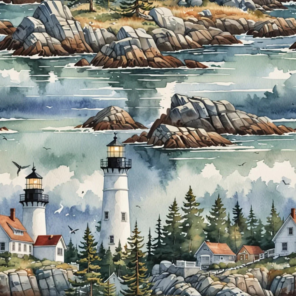maine lighthouses, coastal scene, rocky cliffs, seabirds, evergreen trees, cottage houses, watercolor style,, fabric panel, ocean waves, cloudy sky, nautical theme, new england coast, scenic landscape, teal blue, warm gray, forest green, terra cotta, cream white, maritime setting