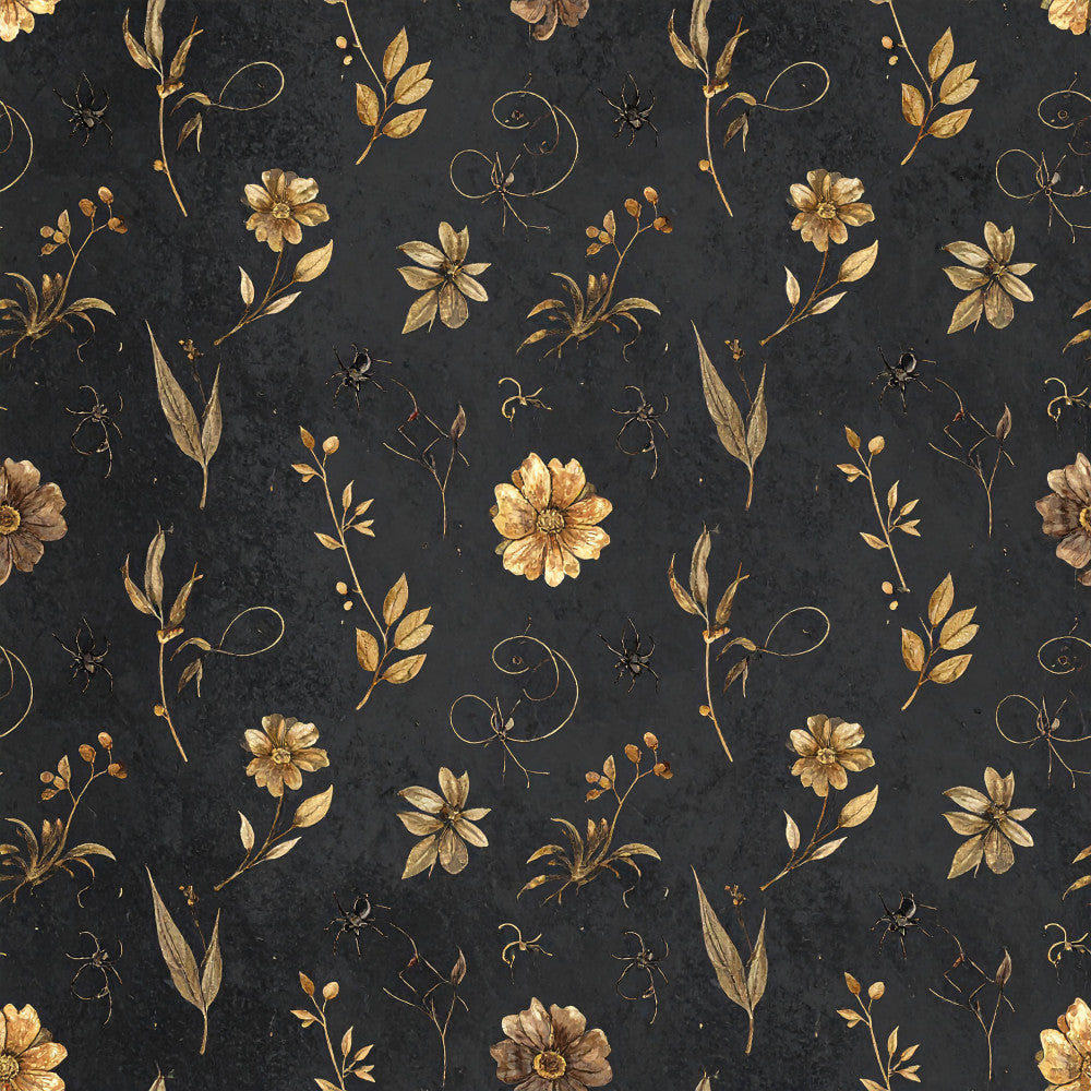 charcoal black, gold, cream, floral, botanical, vintage, elegant, nature, insects, spiders, flowers, leaves, stems, traditional, romantic, gothic, dark academia, autumn, spring, home decor, upholstery, daisies, delicate, ornate, timeless, classic, sophisticated