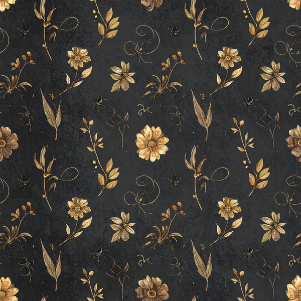 charcoal black, gold, cream, floral, botanical, vintage, elegant, nature, insects, spiders, flowers, leaves, stems, traditional, romantic, gothic, dark academia, autumn, spring, home decor, upholstery, daisies, delicate, ornate, timeless, classic, sophisticated