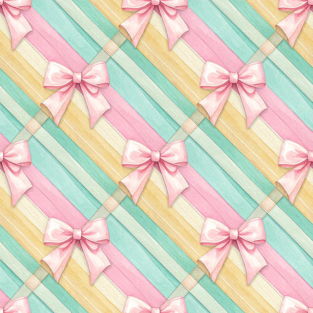 pastel pink, mint green, soft yellow, cream, diagonal stripes, striped pattern, bows, ribbons, gift bows, elegant, whimsical, feminine, soft, delicate, spring, baby shower, nursery, girls room, playroom, preppy, sweet, charming, contemporary, modern feminine, decorative bows, pastel colors, geometric stripes, gift wrapping theme