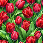 red tulips, pink tulips, crimson flowers, green leaves, realistic botanical, floral pattern, spring flowers,, fabric panel, vibrant colors, garden blooms, tulip bouquet, nature design, bright red, coral pink, emerald green, detailed petals, seamless repeat, fresh spring, botanical illustration