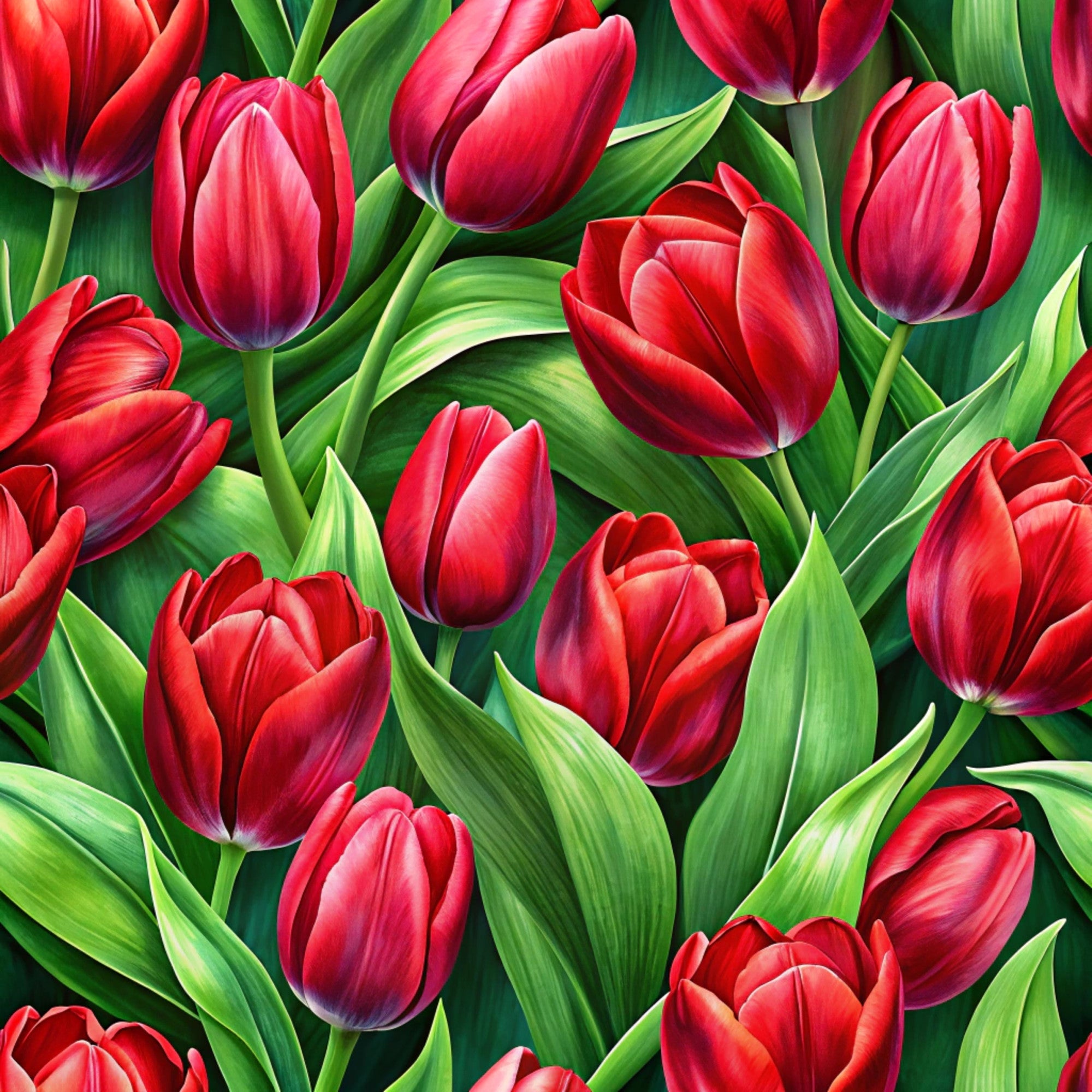 red tulips, pink tulips, crimson flowers, green leaves, realistic botanical, floral pattern, spring flowers,, fabric panel, vibrant colors, garden blooms, tulip bouquet, nature design, bright red, coral pink, emerald green, detailed petals, seamless repeat, fresh spring, botanical illustration