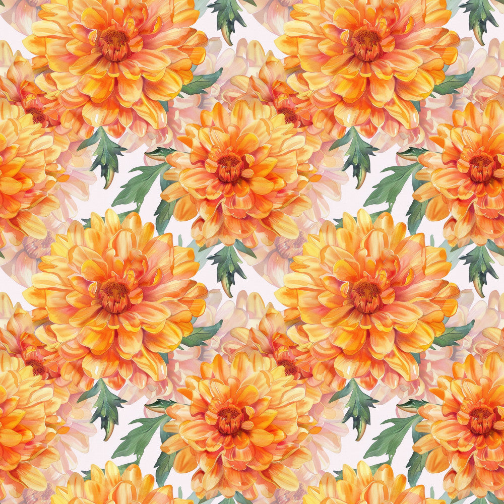 orange dahlia, yellow dahlia, coral orange, golden yellow, peachy pink, floral, dahlias, flowers, nature, botanical, garden, summer, spring, whimsical, romantic, elegant, vibrant, layered petals, green leaves, cheerful, bright, feminine, home decor, nursery, playroom, kids room, baby shower, traditional floral