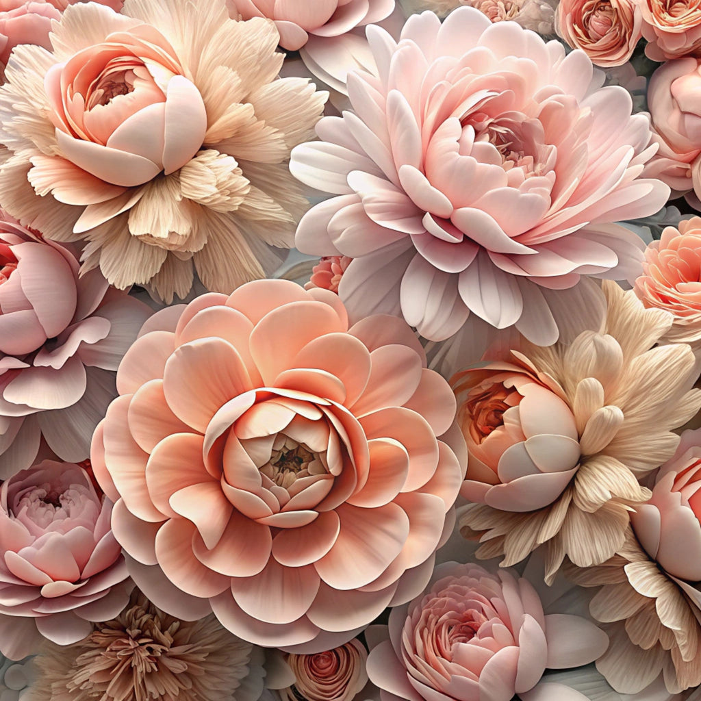 peach flowers, coral blooms, cream petals, soft pink, beige tones, realistic floral, layered petals, ranunculus style, peonies, romantic florals, botanical pattern, dimensional flowers,, fabric panel, delicate blooms, pastel palette, floral arrangement, natural beauty, sophisticated design, blush colors