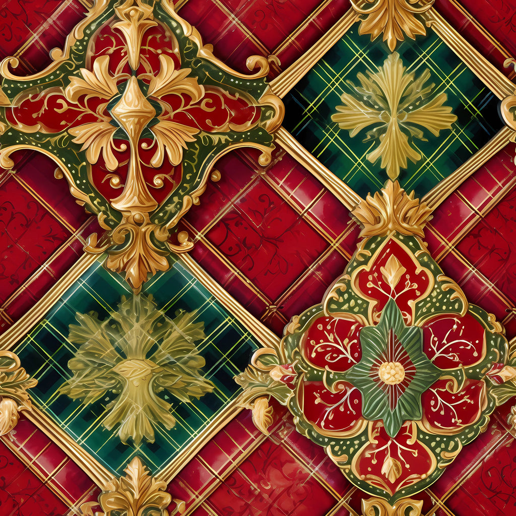 red, green, gold, burgundy, christmas, ornate medallions, floral motifs, geometric diamonds, plaid background, decorative scrollwork, quatrefoil shapes, baroque style, ornamental design,, fabric panel, holiday pattern, rich colors, elegant flourishes, festive theme, luxury appearance