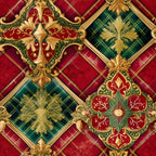 red, green, gold, burgundy, christmas, ornate medallions, floral motifs, geometric diamonds, plaid background, decorative scrollwork, quatrefoil shapes, baroque style, ornamental design,, fabric panel, holiday pattern, rich colors, elegant flourishes, festive theme, luxury appearance