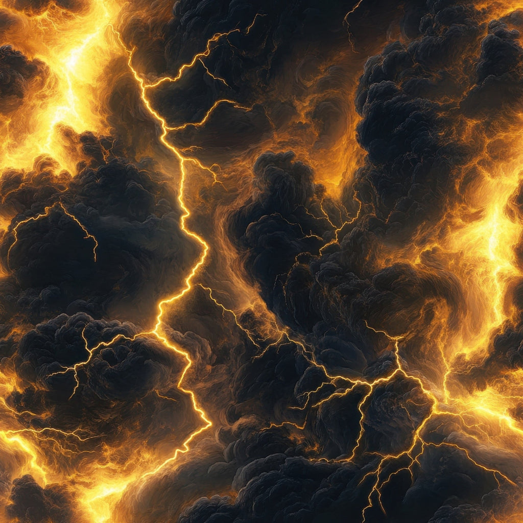 thunderbolt, lightning, storm clouds, dramatic sky, golden yellow, amber, dark gray, charcoal, electrical bolts, weather pattern, tempest, atmospheric, moody, intense,, fabric panel, stormy scene, electric energy, turbulent clouds, nature forces