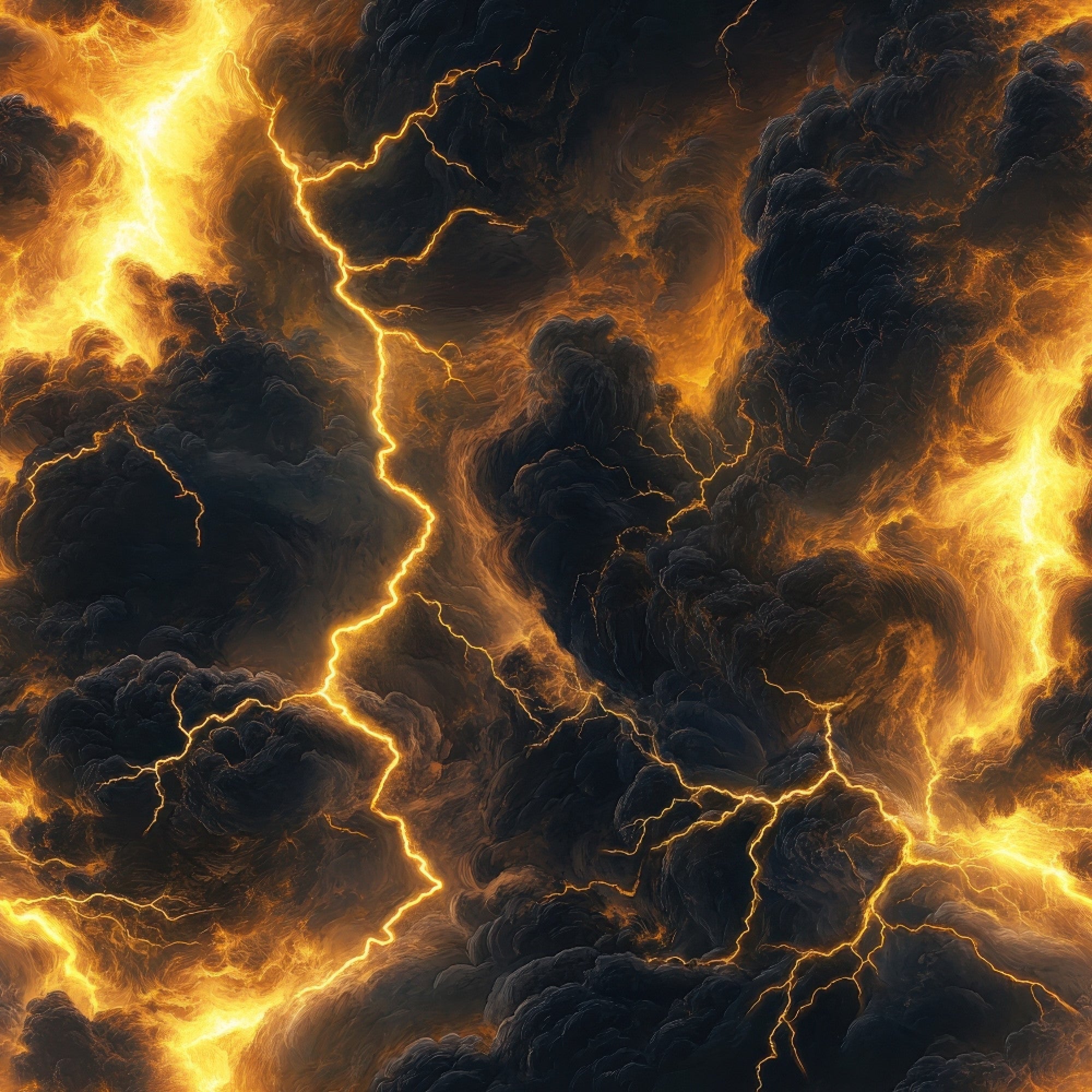 thunderbolt, lightning, storm clouds, dramatic sky, golden yellow, amber, dark gray, charcoal, electrical bolts, weather pattern, tempest, atmospheric, moody, intense,, fabric panel, stormy scene, electric energy, turbulent clouds, nature forces