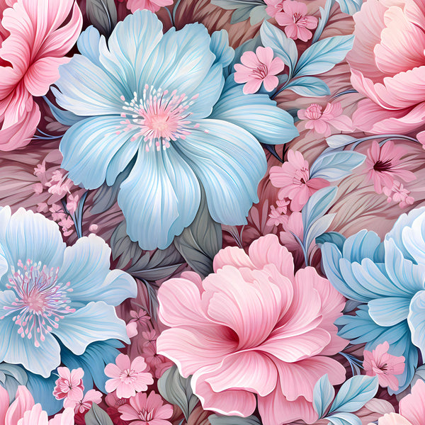 light blue, dusty rose, soft pink, pale pink, coral pink, mauve, gray, white, floral, large flowers, peony, dahlia, layered petals, nature, botanical, spring, summer, elegant, romantic, whimsical, garden, feminine, delicate, soft colors, pastel, dreamy, nursery, baby girl, baby shower, kids room