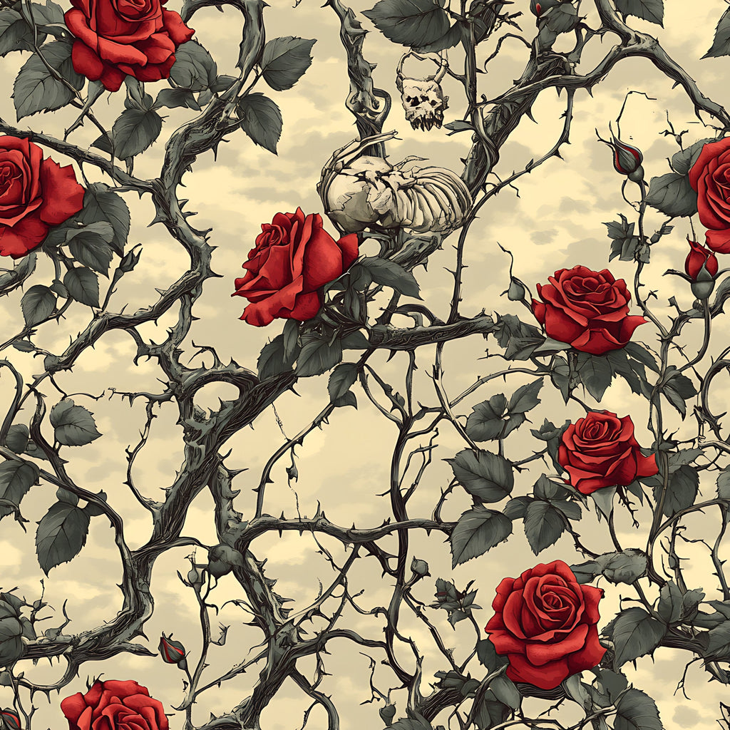 deep red roses, thorny vines, skeletal remains, gothic pattern, cream background, dark green leaves, skull motifs, bramble thorns, macabre aesthetic, vintage illustration style, repeating pattern,, fabric panel, spooky theme, botanical elements, red blooms, twisted branches, halloween motif, dramatic contrast, ornate design