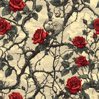 deep red roses, thorny vines, skeletal remains, gothic pattern, cream background, dark green leaves, skull motifs, bramble thorns, macabre aesthetic, vintage illustration style, repeating pattern,, fabric panel, spooky theme, botanical elements, red blooms, twisted branches, halloween motif, dramatic contrast, ornate design