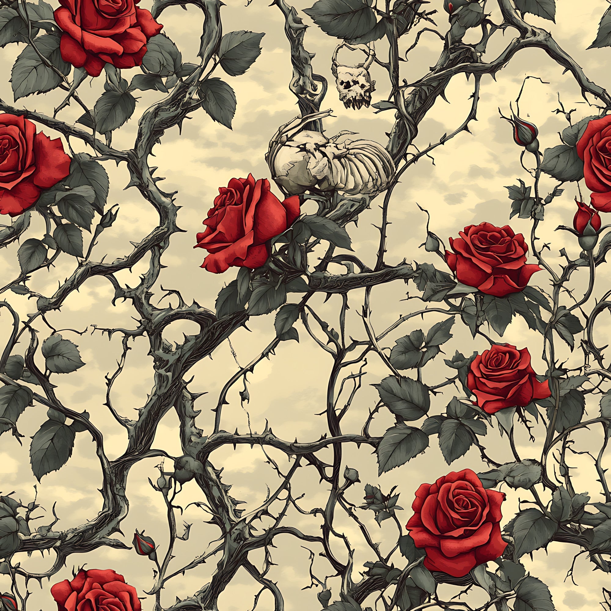 deep red roses, thorny vines, skeletal remains, gothic pattern, cream background, dark green leaves, skull motifs, bramble thorns, macabre aesthetic, vintage illustration style, repeating pattern,, fabric panel, spooky theme, botanical elements, red blooms, twisted branches, halloween motif, dramatic contrast, ornate design