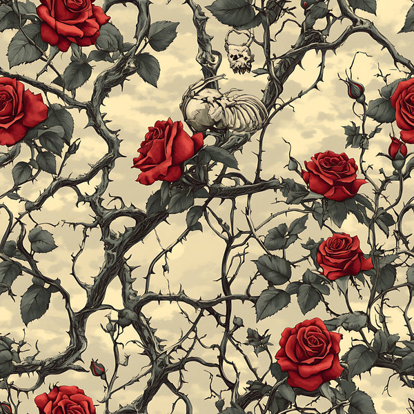 deep red roses, thorny vines, skeletal remains, gothic pattern, cream background, dark green leaves, skull motifs, bramble thorns, macabre aesthetic, vintage illustration style, repeating pattern,, fabric panel, spooky theme, botanical elements, red blooms, twisted branches, halloween motif, dramatic contrast, ornate design