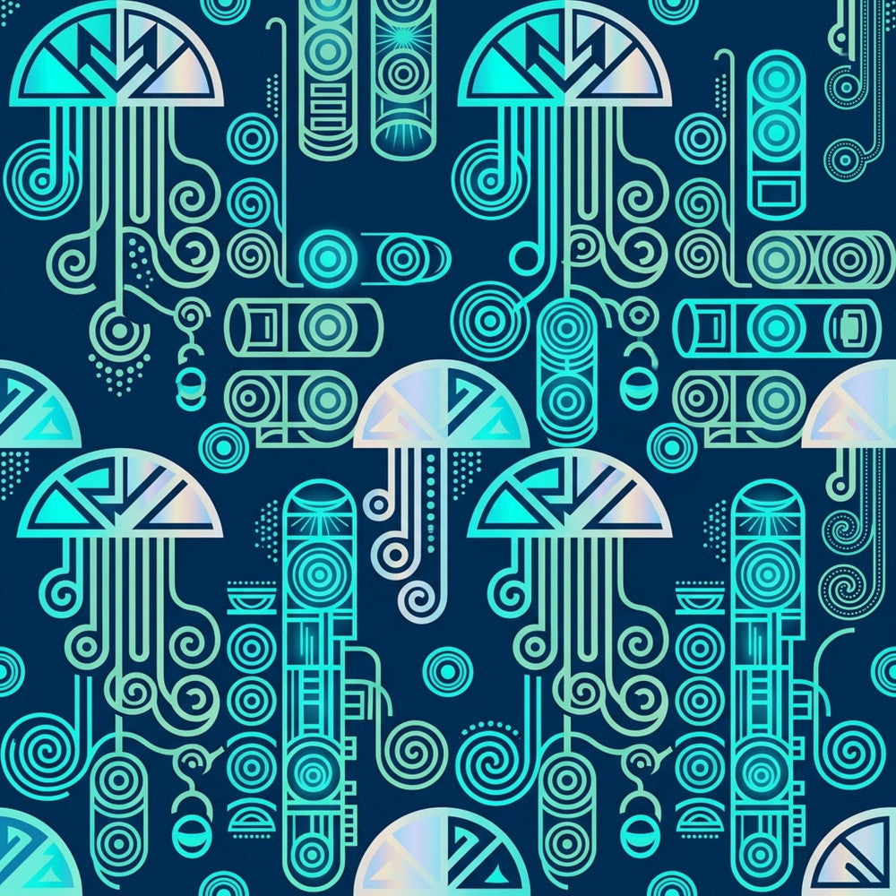 navy blue, cyan, turquoise, teal, aqua, cream, geometric, abstract, art deco, retro, vintage, modern, futuristic, circles, concentric circles, musical notes, jellyfish, umbrella, sun, stylized, geometric art, 1920s, decorative, sophisticated, contemporary, bold patterns, line work, intricate, symmetrical, tech-inspired