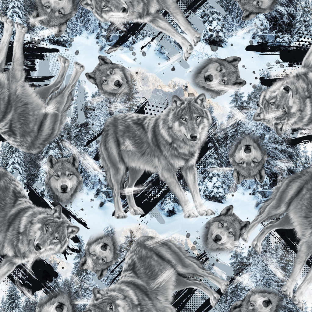 winter wolves, gray wolves, snow scenes, monochrome palette, black and white, silver tones, wildlife pattern, pack animals, forest creatures,, fabric panel, winter theme, realistic wolves, snowy landscape, animal portraits, wild nature, wolf heads, full body wolves, winter scenery, brushstroke effects