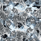 winter wolves, gray wolves, snow scenes, monochrome palette, black and white, silver tones, wildlife pattern, pack animals, forest creatures,, fabric panel, winter theme, realistic wolves, snowy landscape, animal portraits, wild nature, wolf heads, full body wolves, winter scenery, brushstroke effects