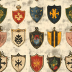 medieval shields, heraldic crests, coat of arms, rustic banners, vintage weathered, distressed texture, red burgundy, navy blue, forest green, golden yellow, cream beige, floral motifs, cross symbols, sun rays, botanical elements,, fabric panel, aged parchment, european heraldry, knight emblems