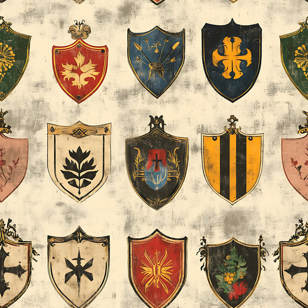 medieval shields, heraldic crests, coat of arms, rustic banners, vintage weathered, distressed texture, red burgundy, navy blue, forest green, golden yellow, cream beige, floral motifs, cross symbols, sun rays, botanical elements,, fabric panel, aged parchment, european heraldry, knight emblems