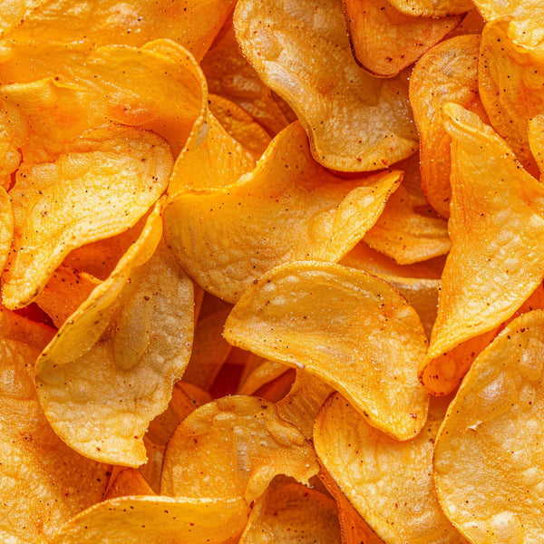 orange, golden yellow, potato chips, junk food, snack food, crispy texture, seasoned, speckled, curved shapes, overlapping pattern, realistic style, food illustration,, fabric panel, appetizing, crunchy snacks, golden brown, textured surface, repeating motif