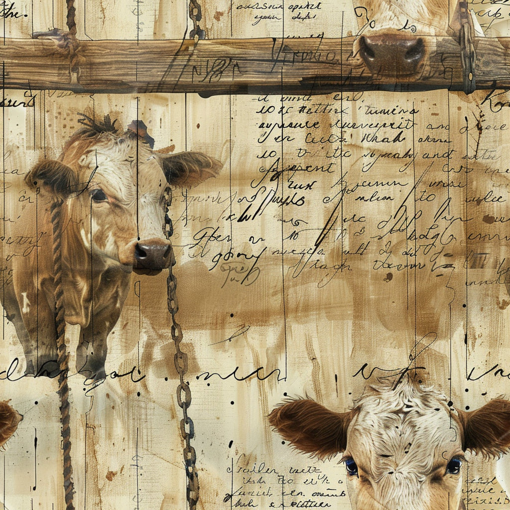 beige, tan, brown, cream, rustic, cows, cattle, farm animals, vintage style, distressed wood, handwritten script, chains, weathered planks, barn wood,, fabric panel, farmhouse, pastoral, aged paper, sepia tones