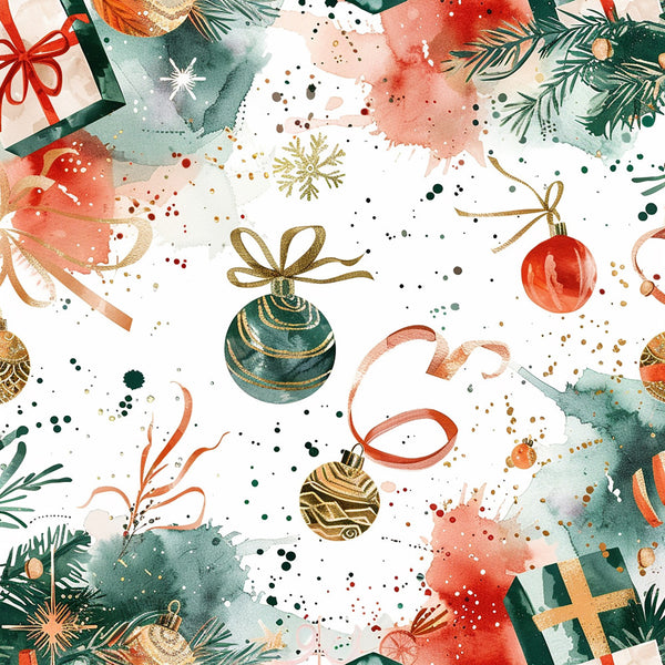 forest green, coral pink, dusty rose, teal, gold, red, watercolor, abstract, holiday, christmas, ornaments, snowflakes, ribbons, bows, gift boxes, festive, elegant, whimsical, winter, evergreen branches, pine needles, baubles, decorative, traditional, modern, metallic accents, splatter design, nursery, kids room, seasonal decor