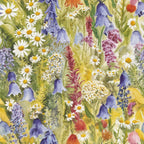 wildflower meadow, watercolor style, botanical illustration, purple bluebells, white daisies, yellow centers, pink flowers, lavender blooms, green foliage, spring garden, natural motif, floral pattern,, fabric panel, cottage core, whimsical design, soft pastels, meadow flowers, artistic rendering