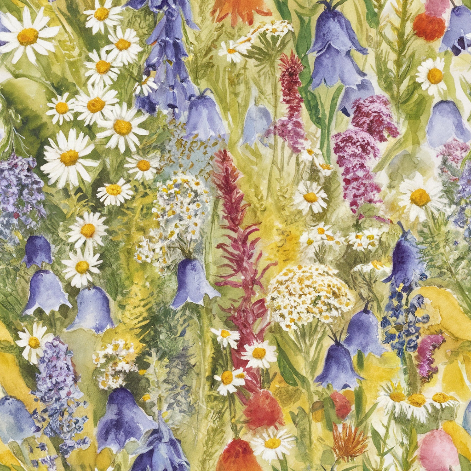 wildflower meadow, watercolor style, botanical illustration, purple bluebells, white daisies, yellow centers, pink flowers, lavender blooms, green foliage, spring garden, natural motif, floral pattern,, fabric panel, cottage core, whimsical design, soft pastels, meadow flowers, artistic rendering
