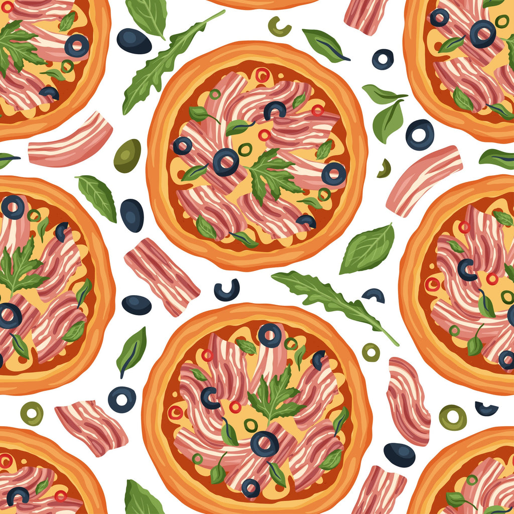 pizza pattern, food motif, orange crust, pink bacon, green basil, black olives, yellow cheese, white background, seamless repeat, italian cuisine, cooking theme, kitchen fabric,, fabric panel, colorful illustration, cartoon style, tossed design, culinary print, recipe inspired, mediterranean food
