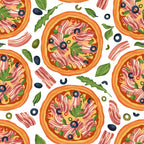 pizza pattern, food motif, orange crust, pink bacon, green basil, black olives, yellow cheese, white background, seamless repeat, italian cuisine, cooking theme, kitchen fabric,, fabric panel, colorful illustration, cartoon style, tossed design, culinary print, recipe inspired, mediterranean food