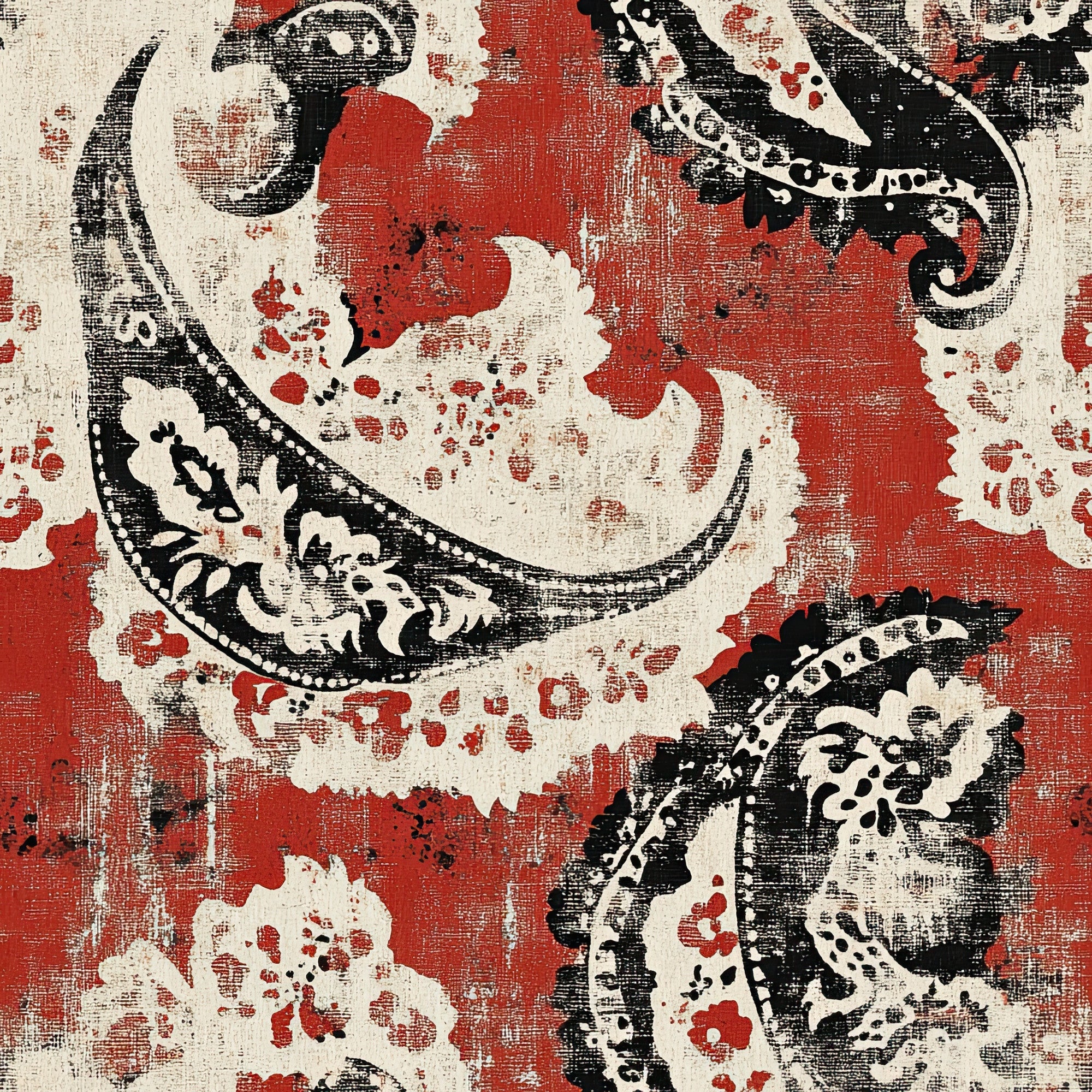 red, black, cream, western, bandana, paisley, distressed, vintage, rustic, cotton, quilting, fabric panel, cowboy, southwestern, weathered, textured, ornate scrollwork, americana, country, rodeo