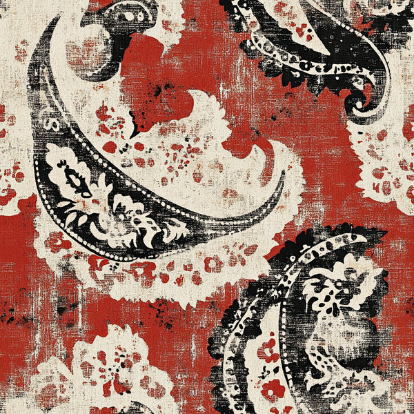 red, black, cream, western, bandana, paisley, distressed, vintage, rustic, cotton, quilting, fabric panel, cowboy, southwestern, weathered, textured, ornate scrollwork, americana, country, rodeo