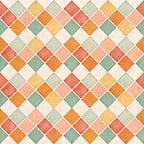 geometric diamond, diamond pattern, rotated squares, sage green, dusty green, coral pink, peachy pink, burnt orange, golden yellow, cream white, retro tiles, vintage tile, mosaic pattern, mid-century modern, contemporary geometric, warm earth tones, pastel palette, quilted look, diamond tiles, interlocking squares, home decor, traditional pattern, timeless design, symmetrical pattern, decorative tile, autumn colors, warm color palette, classic geometric, structured pattern, elegant geometric