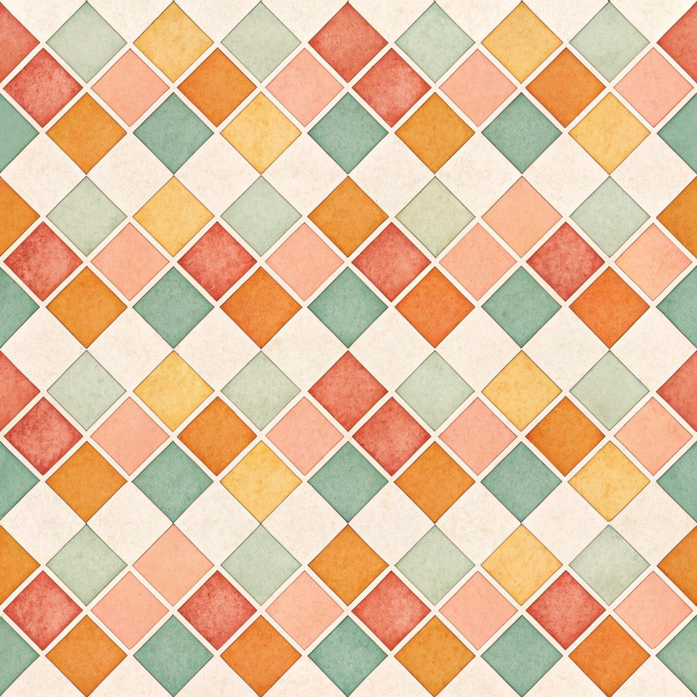 geometric diamond, diamond pattern, rotated squares, sage green, dusty green, coral pink, peachy pink, burnt orange, golden yellow, cream white, retro tiles, vintage tile, mosaic pattern, mid-century modern, contemporary geometric, warm earth tones, pastel palette, quilted look, diamond tiles, interlocking squares, home decor, traditional pattern, timeless design, symmetrical pattern, decorative tile, autumn colors, warm color palette, classic geometric, structured pattern, elegant geometric