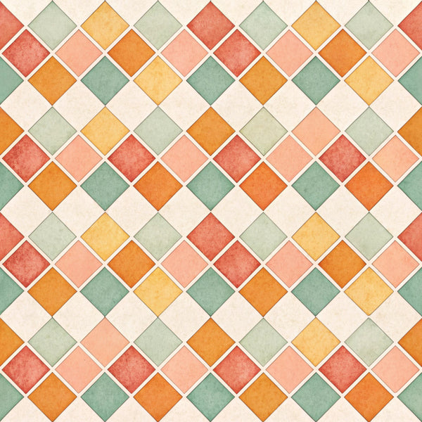 geometric diamond, diamond pattern, rotated squares, sage green, dusty green, coral pink, peachy pink, burnt orange, golden yellow, cream white, retro tiles, vintage tile, mosaic pattern, mid-century modern, contemporary geometric, warm earth tones, pastel palette, quilted look, diamond tiles, interlocking squares, home decor, traditional pattern, timeless design, symmetrical pattern, decorative tile, autumn colors, warm color palette, classic geometric, structured pattern, elegant geometric
