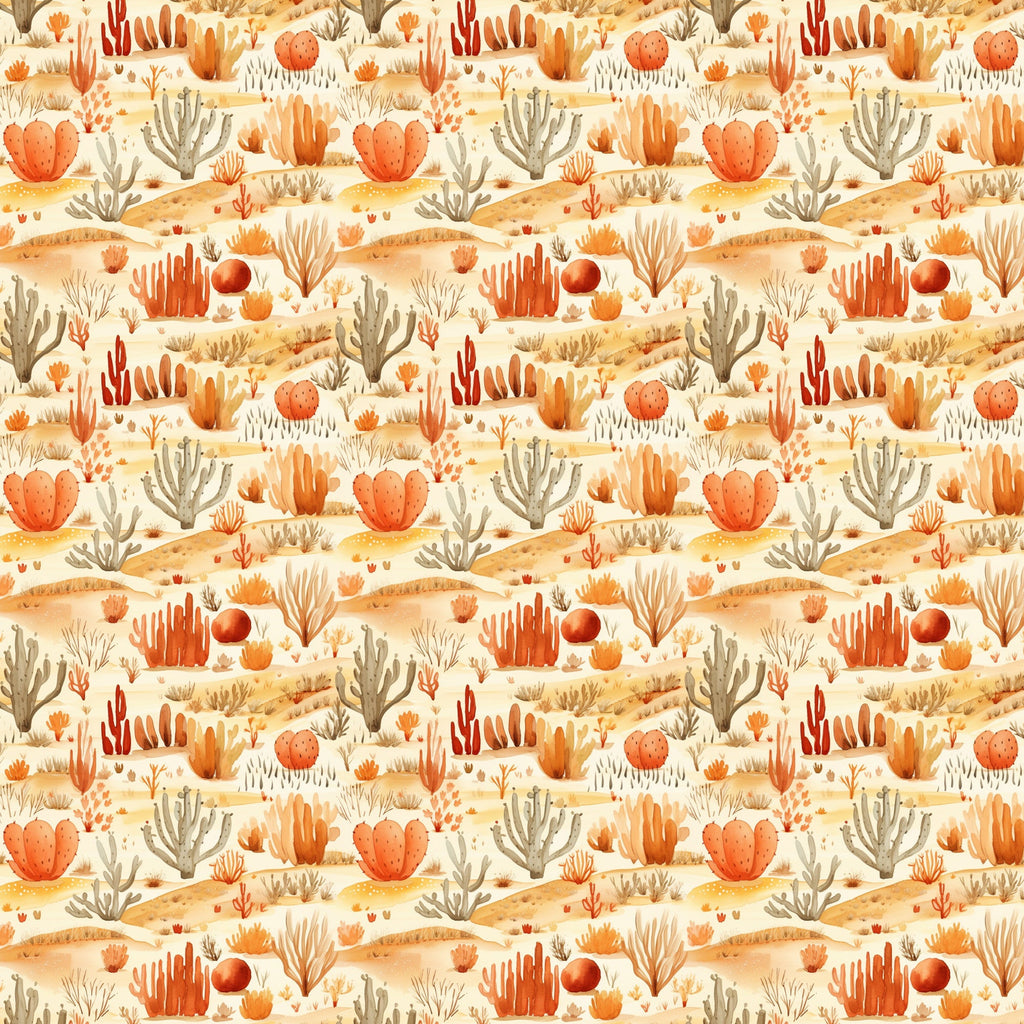 desert landscape, cactus plants, succulents, orange tones, coral colors, peach hues, beige background, sandy terrain, southwestern pattern, watercolor style, repeating motif,, fabric panel, warm palette, desert flora, prickly pear, barrel cactus, desert sunrise, bohemian aesthetic, nature inspired