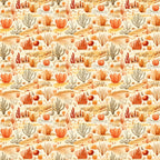 desert landscape, cactus plants, succulents, orange tones, coral colors, peach hues, beige background, sandy terrain, southwestern pattern, watercolor style, repeating motif,, fabric panel, warm palette, desert flora, prickly pear, barrel cactus, desert sunrise, bohemian aesthetic, nature inspired