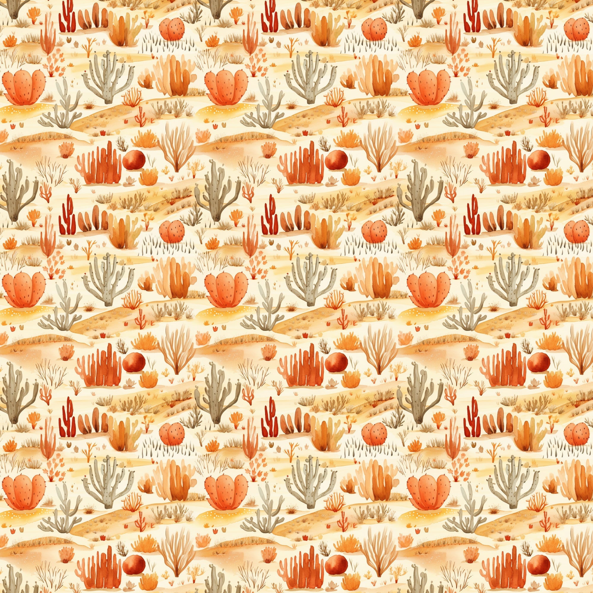 desert landscape, cactus plants, succulents, orange tones, coral colors, peach hues, beige background, sandy terrain, southwestern pattern, watercolor style, repeating motif,, fabric panel, warm palette, desert flora, prickly pear, barrel cactus, desert sunrise, bohemian aesthetic, nature inspired