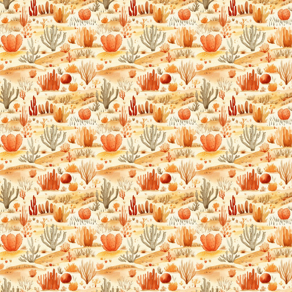 desert landscape, cactus plants, succulents, orange tones, coral colors, peach hues, beige background, sandy terrain, southwestern pattern, watercolor style, repeating motif,, fabric panel, warm palette, desert flora, prickly pear, barrel cactus, desert sunrise, bohemian aesthetic, nature inspired