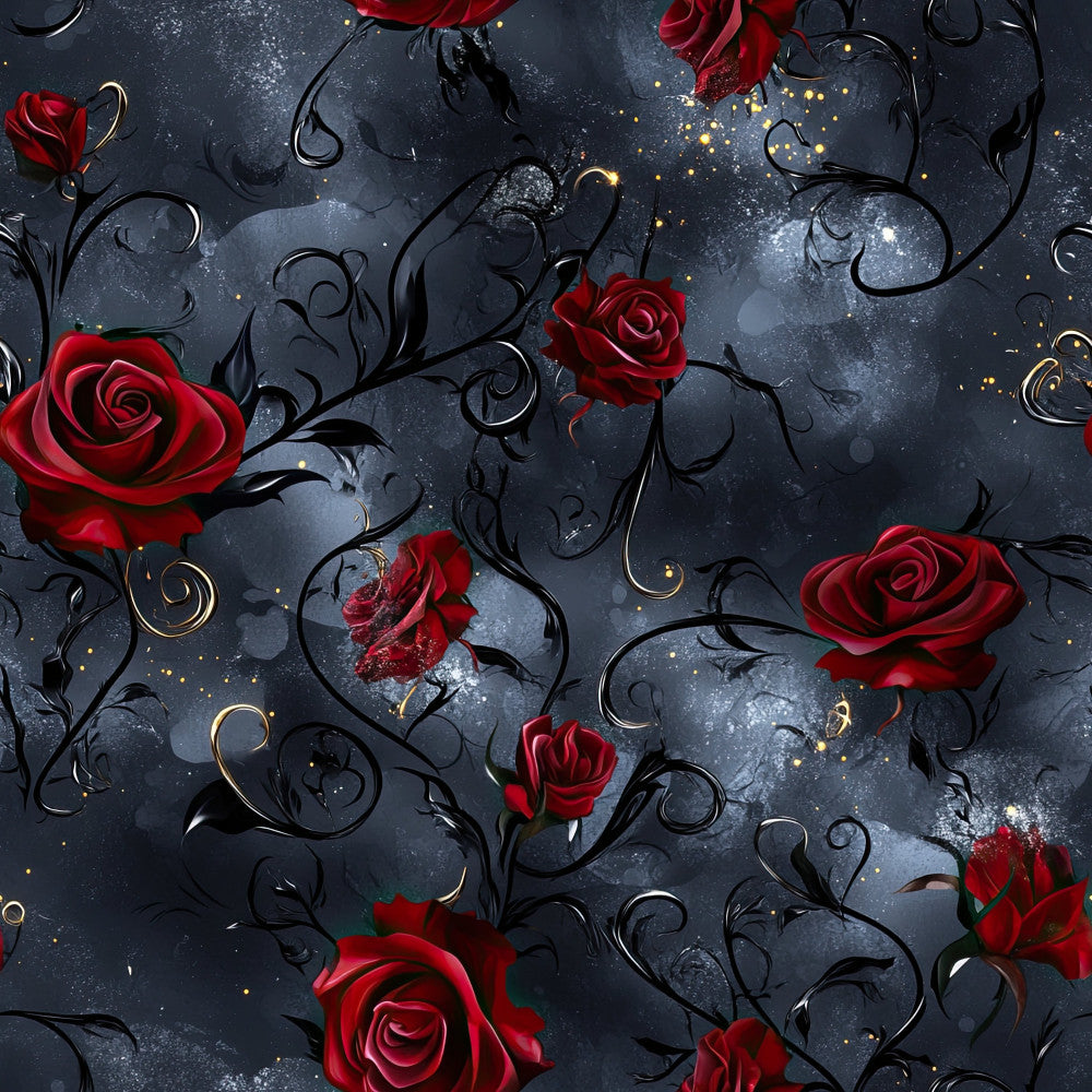 red roses, dark blue, charcoal gray, gold accents, black vines, floral pattern, botanical, elegant, romantic, gothic, celestial, sparkle, glitter effect, luxury, sophisticated, dark romance, vintage floral, scrollwork, decorative vines, deep jewel tones, dramatic, ornate, minky blanket, plush throw, home decor, luxe, moody aesthetic, valentine, special occasion