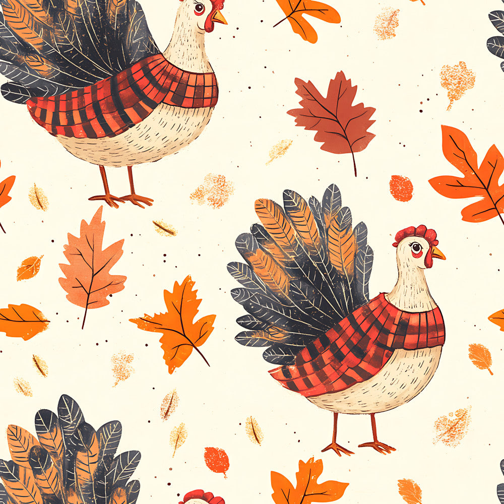 autumn rooster, fall leaves, thanksgiving, harvest theme, farmhouse style, rustic, whimsical, cream background, red plaid, orange leaves, navy feathers, gold accents, woodland animals, poultry, country style, seasonal decor, thanksgiving décor, kids room, playroom, nature theme, feather pattern, leaf motif, folk art, traditional, charming, cozy, warm tones, burnt orange, deep red, black accents